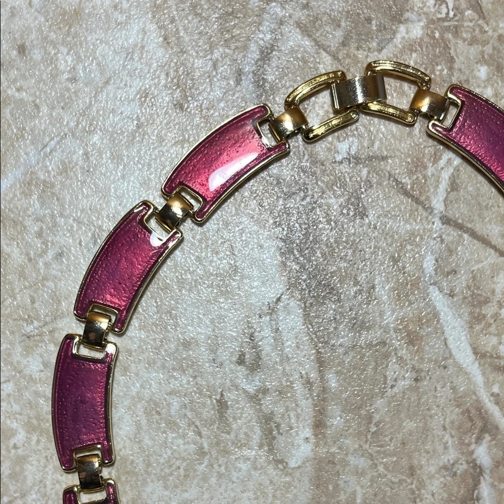 Vintage Art Deco Pink Enamel and Gold Colored Linked Necklace